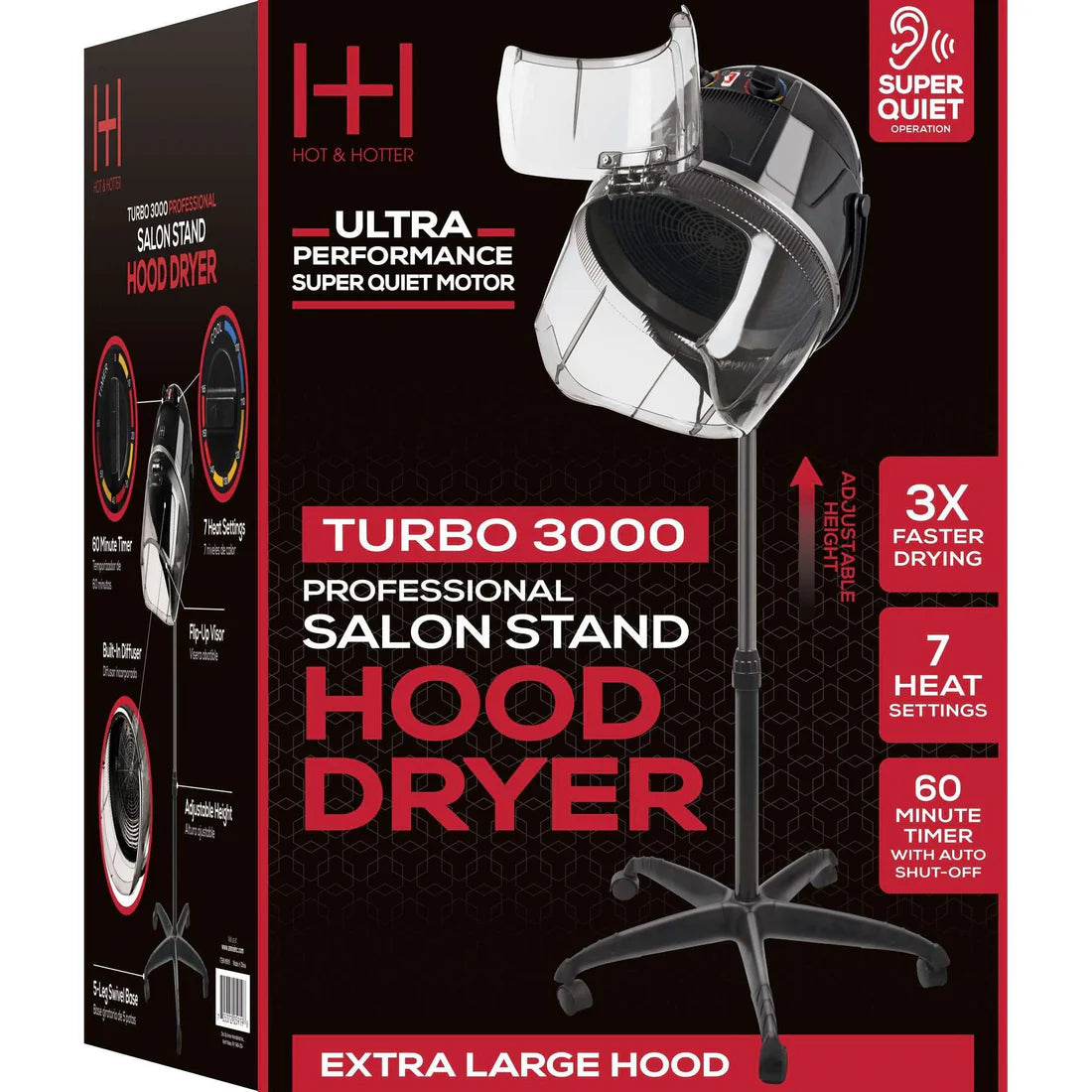 Hot & Hotter Turbo 3000 Professional Salon Dryer, Standing Hood Hair Dryer-Black